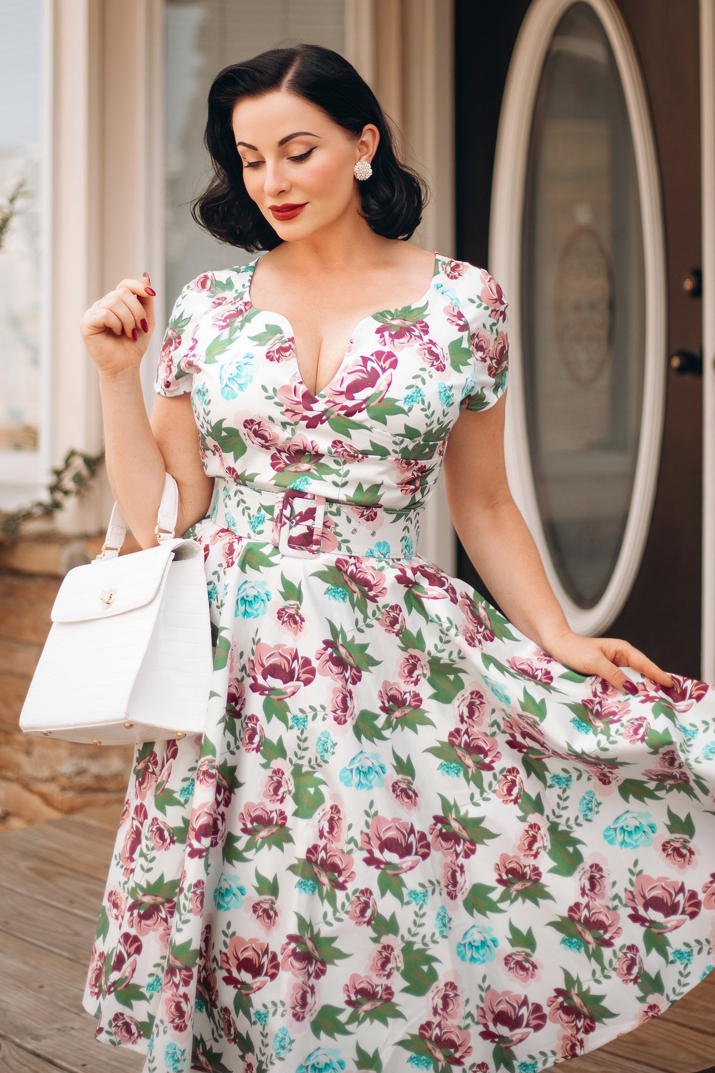 The Bombshell Flower Print Swing Dress in White