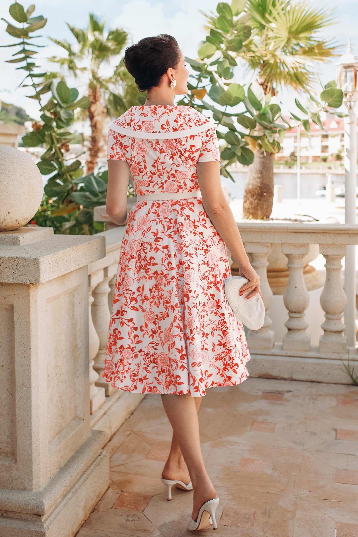 Greta Swing Dress in White with Red Rose Print