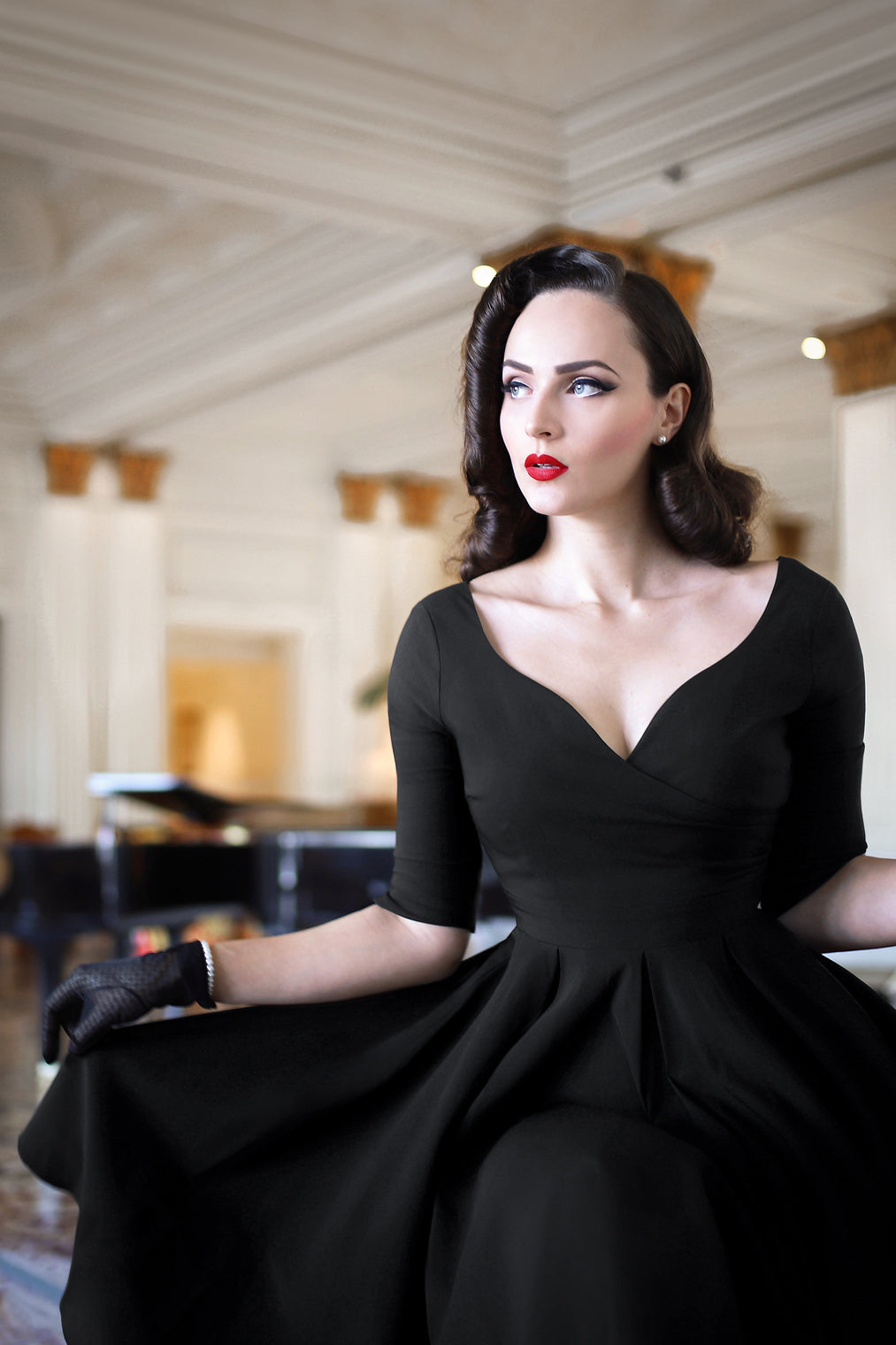 The Bombshell Sleeved Swing Dress in Black