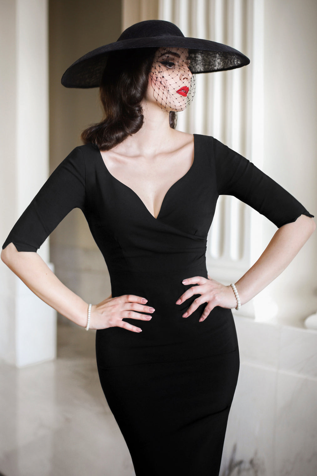 The Bombshell Sleeved Pencil Dress in Black