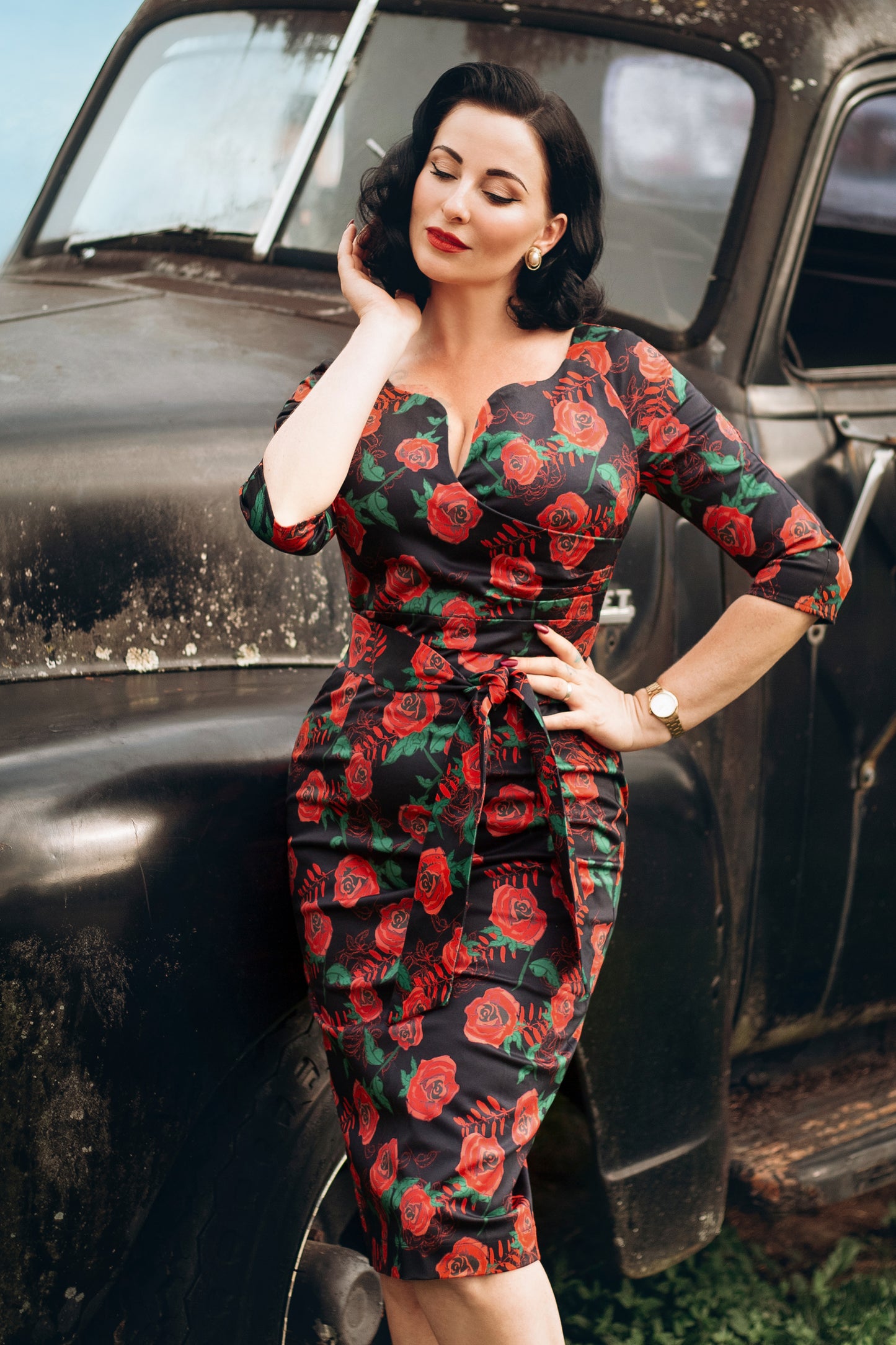 The Bombshell Roses Pencil Dress in Black
