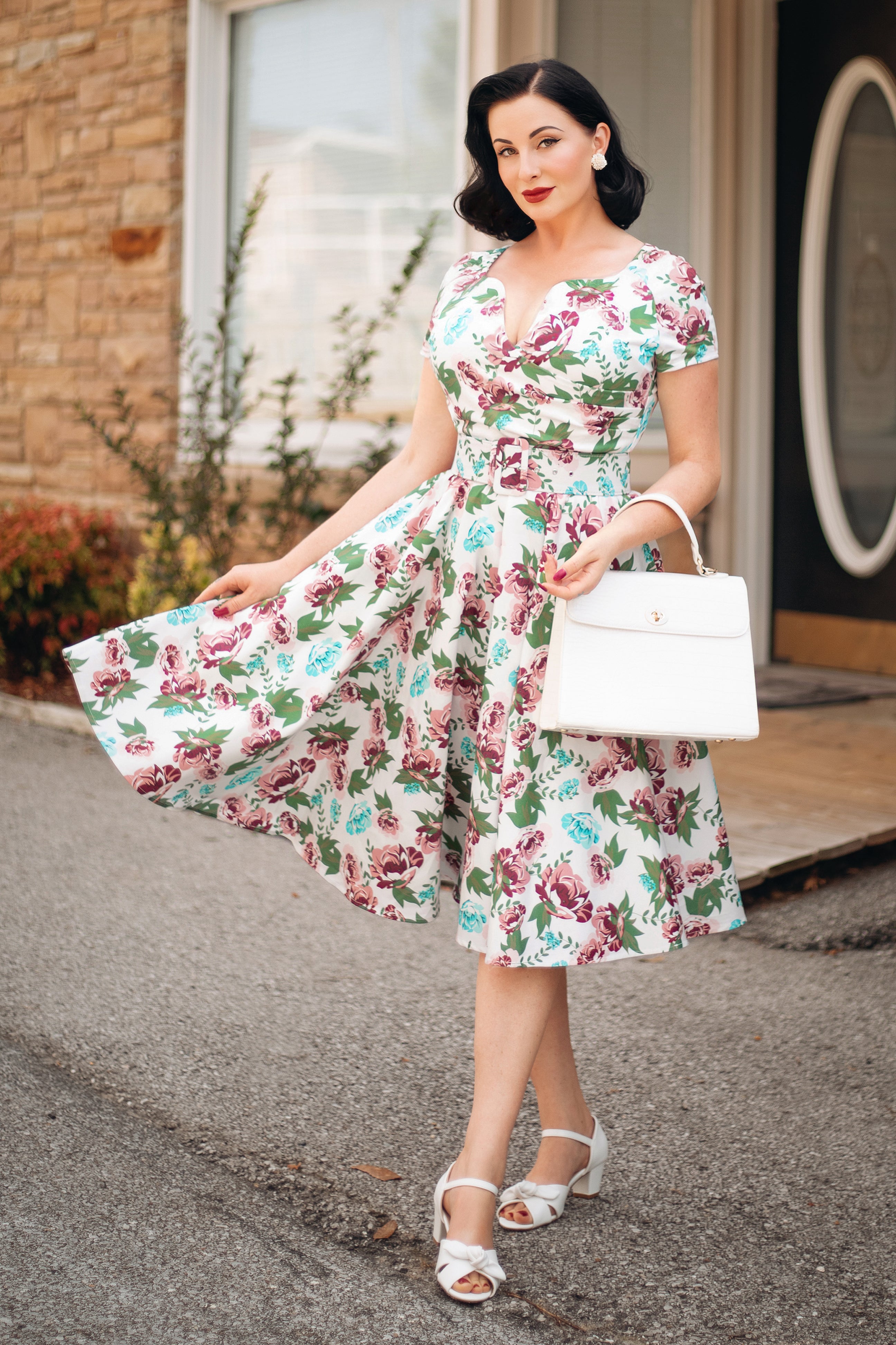 The Bombshell Flower Print Swing Dress in White