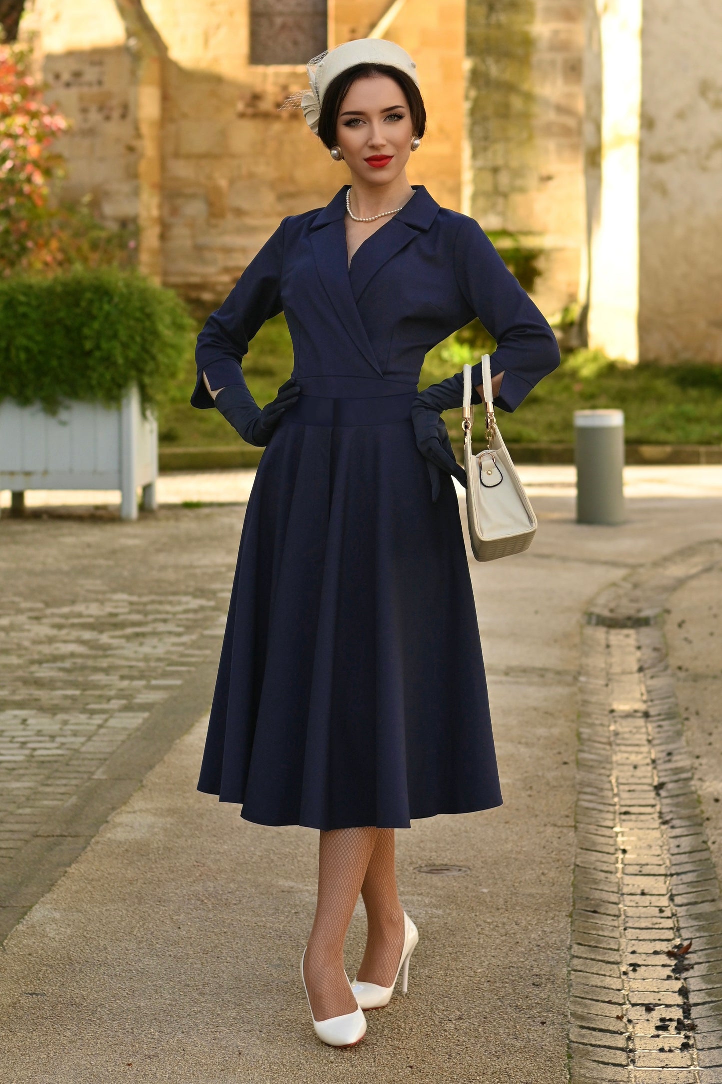 Palmer Pencil Dress With Overskirt in Navy