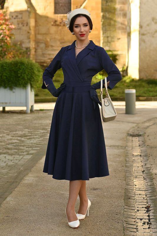 Palmer Pencil Dress With Overskirt in Navy