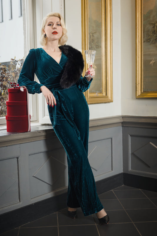 Celeste Velvet Jumpsuit in Teal