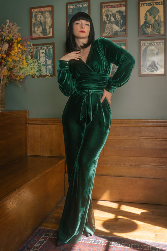 Celeste Velvet Jumpsuit in Emerald Green