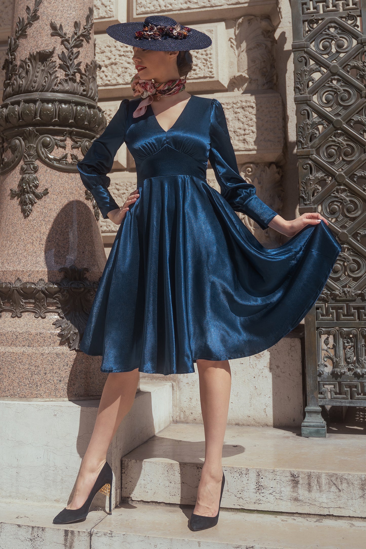 Cybele Satin Swing Dress in Navy Blue