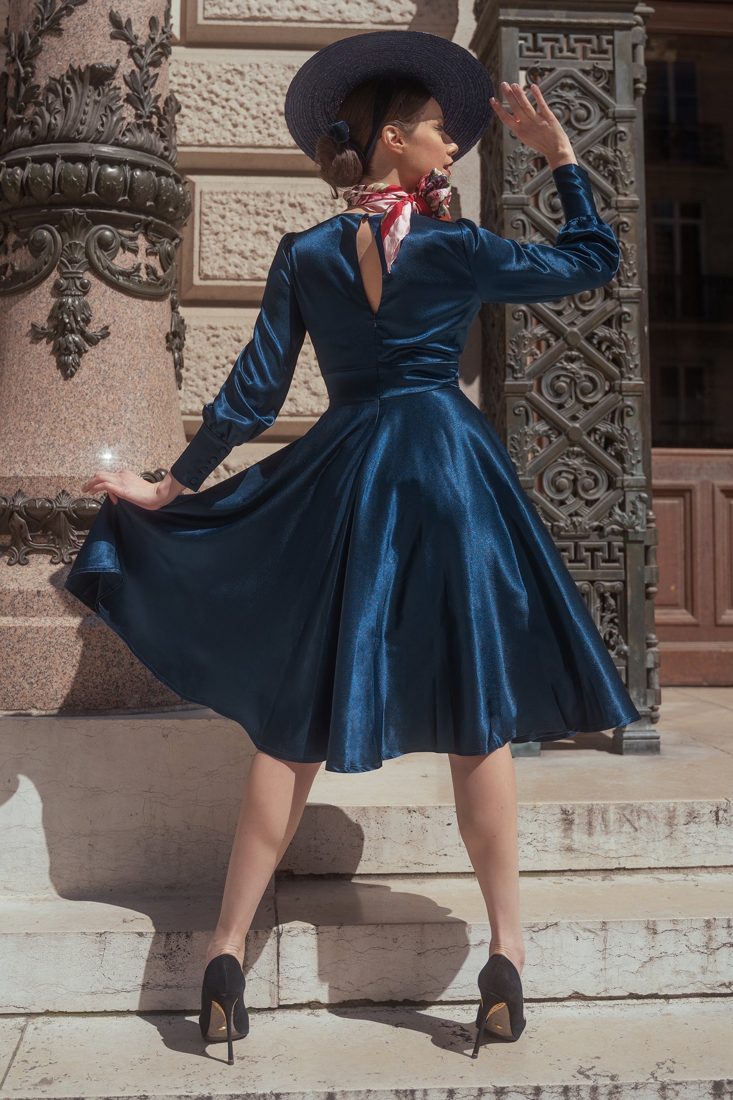 Cybele Satin Swing Dress in Navy Blue