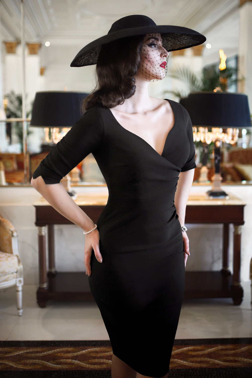 The Bombshell Sleeved Pencil Dress in Black