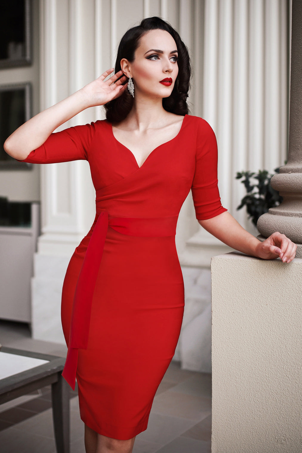 The Bombshell Sleeved Pencil Dress in Lipstick Red