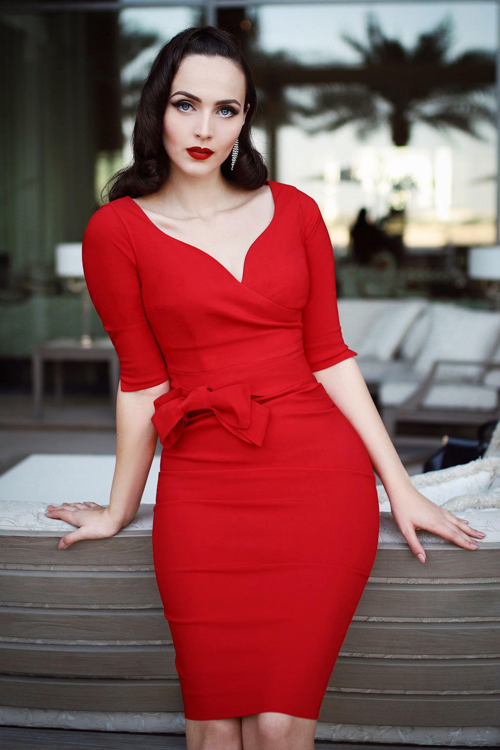 The Bombshell Sleeved Pencil Dress in Lipstick Red