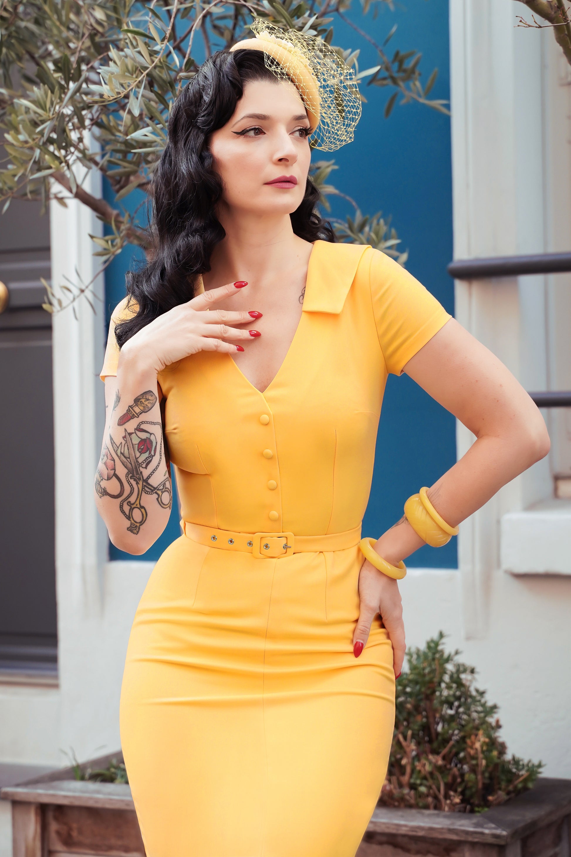 The Vallea Pencil Dress in Peach Yellow Vintage Diva The Vallea Pencil Dress in Peach Yellow Vintage Diva