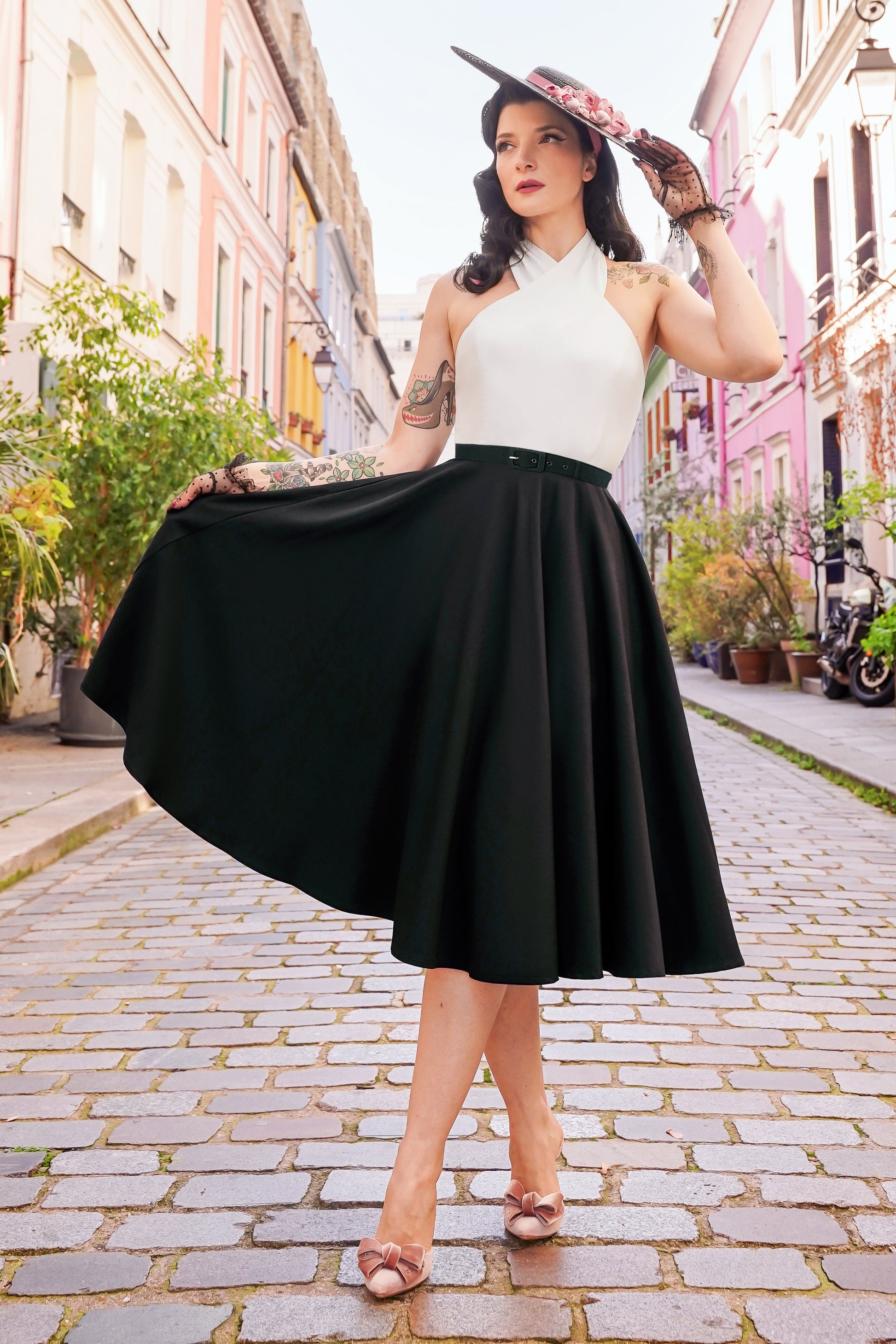 The Rosetta Halter Swing Dress in Black and Ivory Vintage Diva The Rosetta Halter Swing Dress in Black and Ivory Vintage Diva