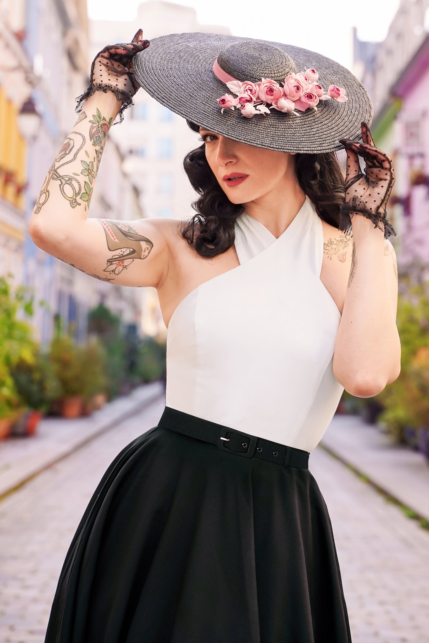The Rosetta Halter Swing Dress in Black and Ivory Vintage Diva The Rosetta Halter Swing Dress in Black and Ivory Vintage Diva