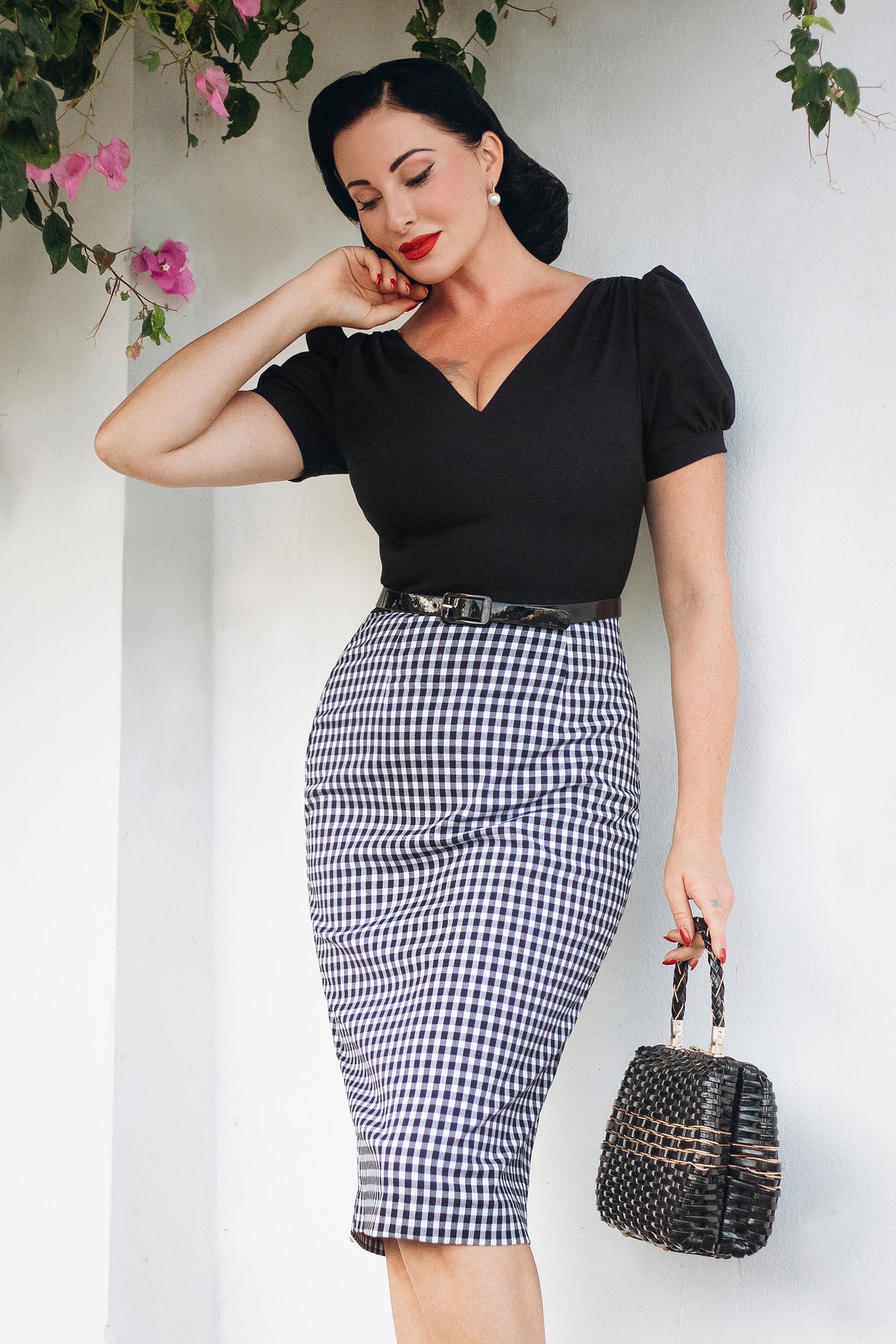 The Charisse Gingham Pencil Dress in Black and White – Vintage Diva